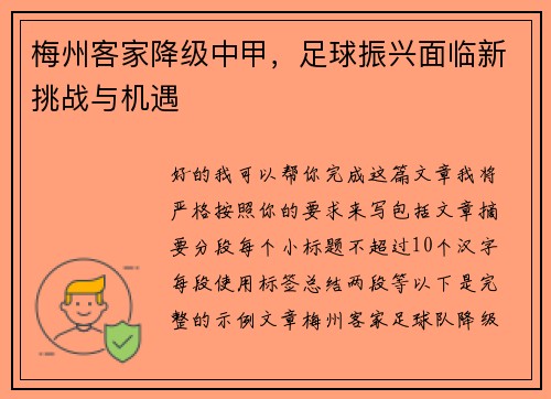 梅州客家降级中甲，足球振兴面临新挑战与机遇